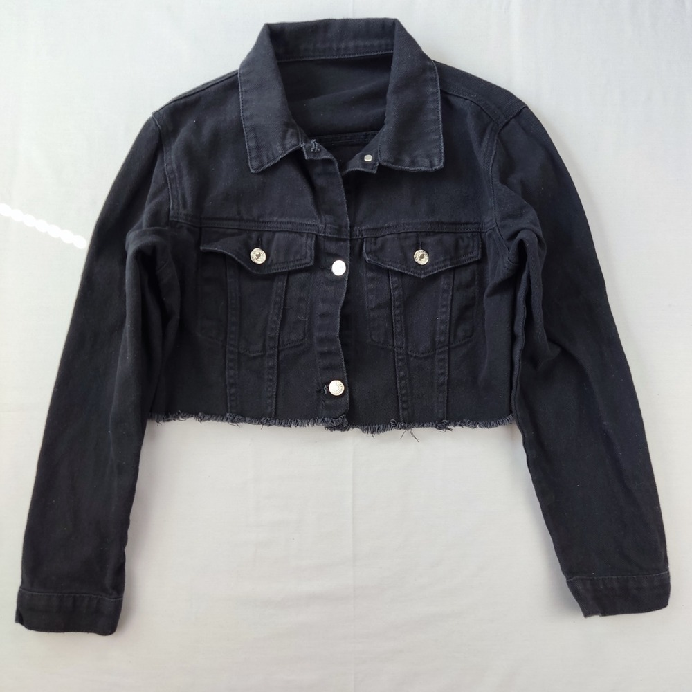 SHEIN Denim Jacket Womens Petite M Black Cropped Raw Hem Button Up Cotton Coat